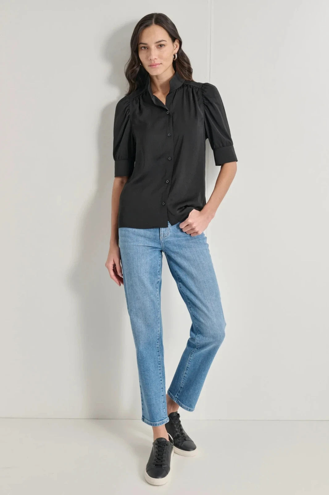 NEW DKNY Women's L Puff Sleeve Stand Collar Shirt • Reg Price $69