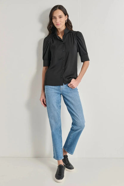NEW DKNY Women's L Puff Sleeve Stand Collar Shirt • Reg Price $69