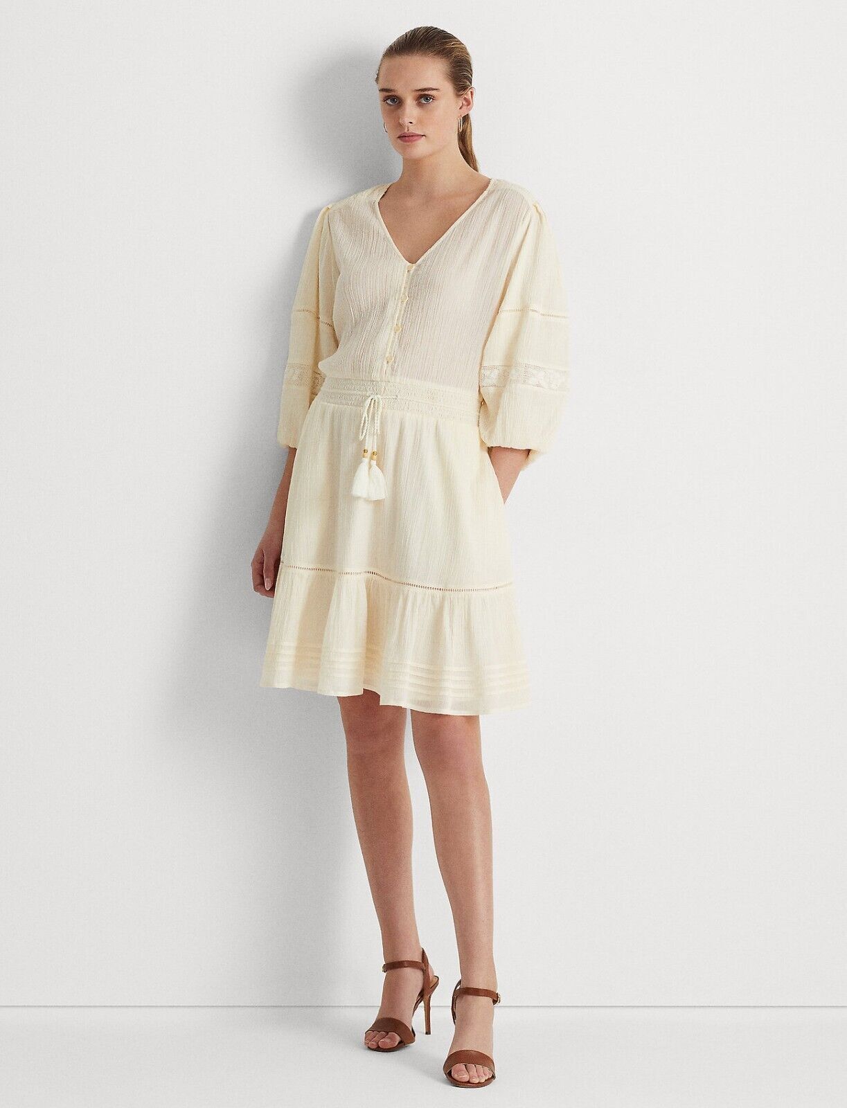 NEW! Lauren Ralph Lauren Women's 12 Crinkle Cotton Blouson-Sleeve Dress NWT $185