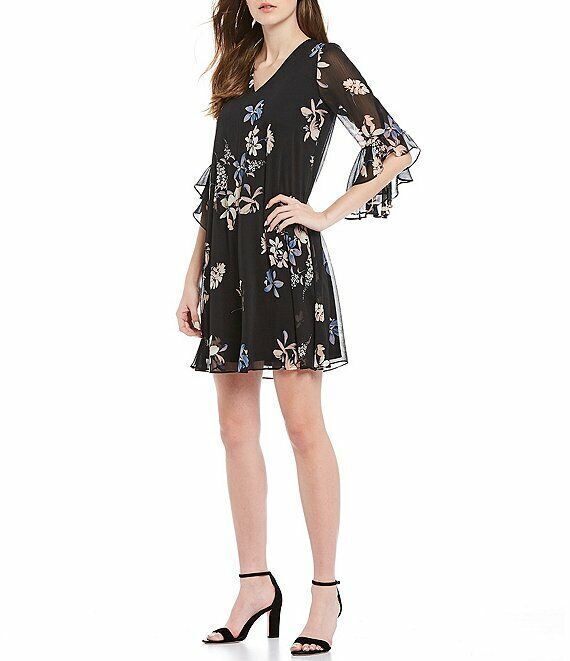 NEW! Calvin Klein Womens 4 V-Neck 3/4 Ruffle Sleeve Floral Chiffon Dress NWT $99