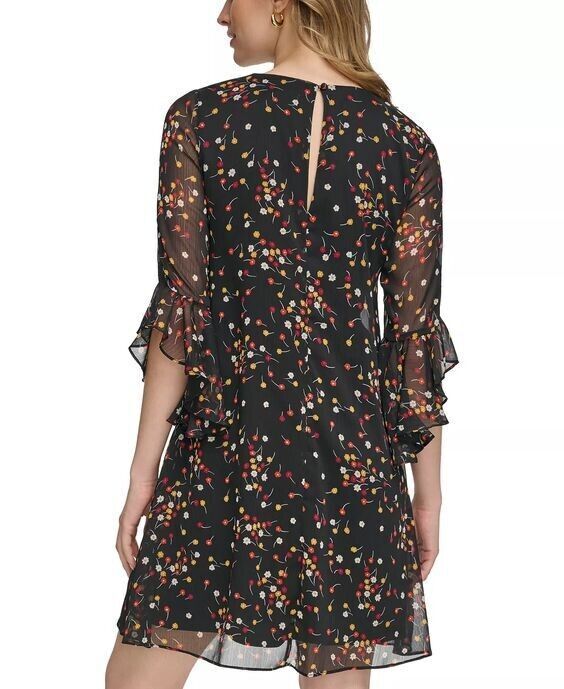 NEW! Calvin Klein Women's 6 V-Neck 3/4 Ruffle Sleeve Floral Chiffon Dress NWT$99