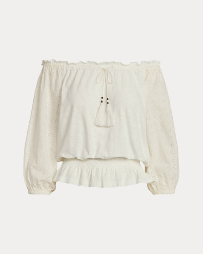 NEW Lauren Ralph Lauren Women's 2X Off-the-Shoulder Eyelet Jersey Top NWT $125