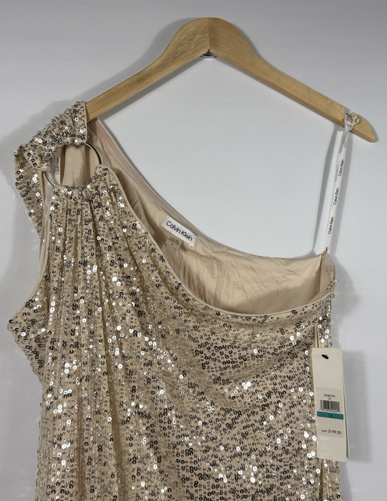 NEW Calvin Klein Women's 16 Sequined One-Shoulder O-Ring Dress NWT $199