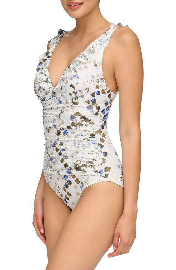 NEW DKNY Women's 16 Ruffle Plunge Tummy Control One-Piece Swimsuit NWT $98