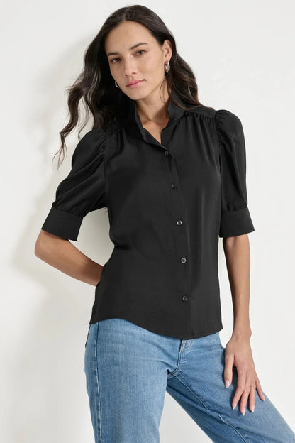 NEW DKNY Women's L Puff Sleeve Stand Collar Shirt • Reg Price $69