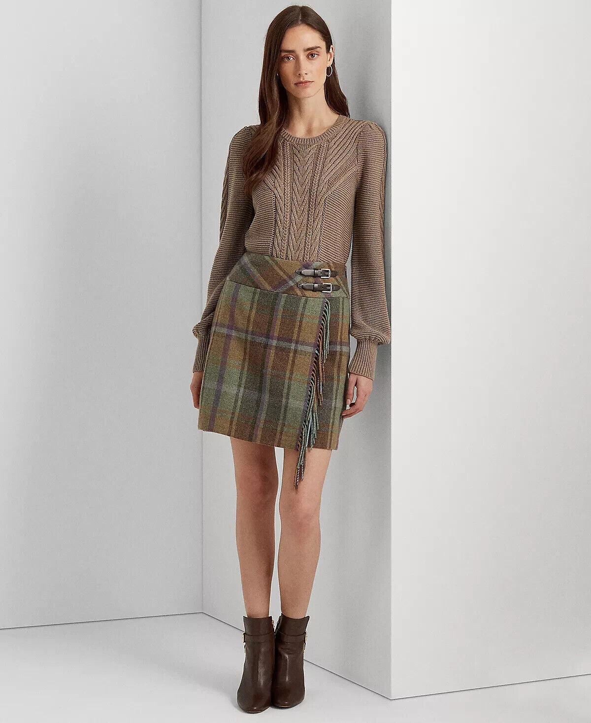 NEW! Lauren Ralph Lauren Women's 12 Plaid Fringe-Trim Tweed Mini Skirt NWT $225