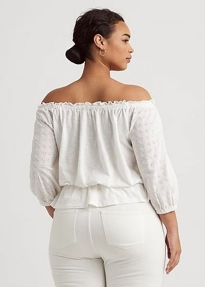 NEW Lauren Ralph Lauren Women's 2X Off-the-Shoulder Eyelet Jersey Top NWT $125