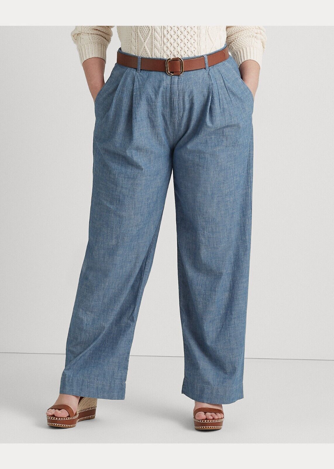 NEW! Lauren Ralph Lauren Women's 18W Pleated Chambray Wide-Leg Pant NWT $145