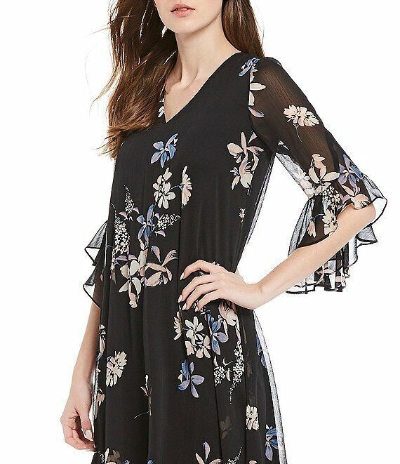 NEW! Calvin Klein Womens 4 V-Neck 3/4 Ruffle Sleeve Floral Chiffon Dress NWT $99