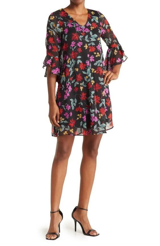 NEW! Calvin Klein Womens 4 V-Neck 3/4 Ruffle Sleeve Floral Chiffon Dress NWT $99