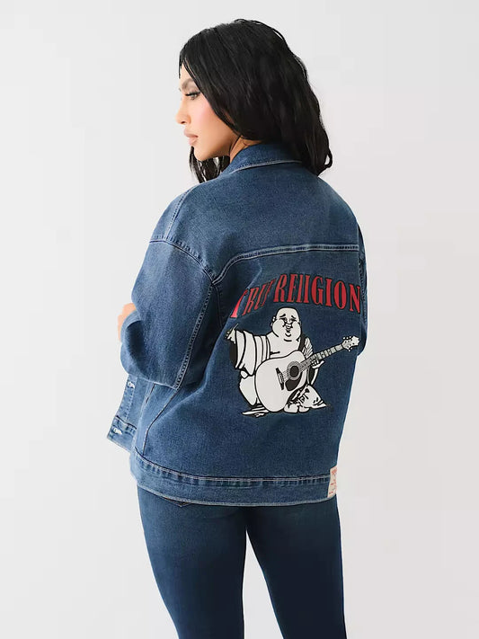 NEW True Religion Women's XL Printed Oversized Denim Jacket NWT $179
