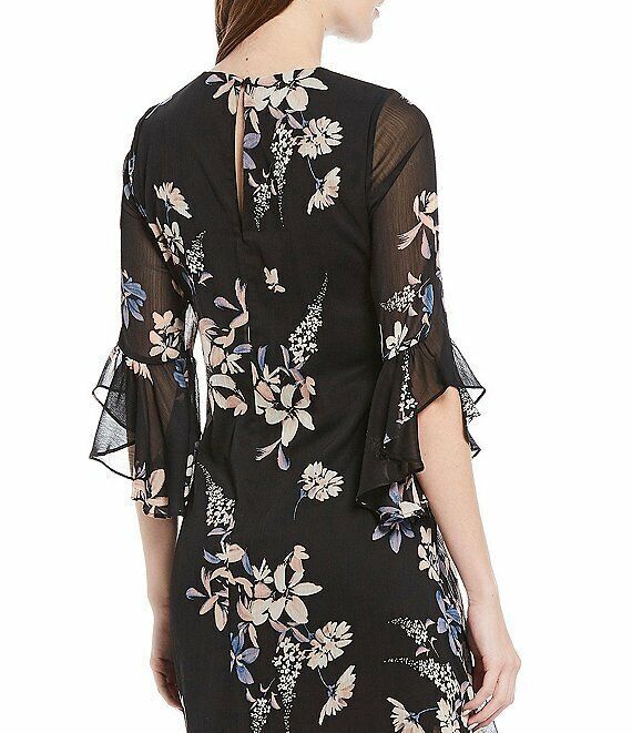 NEW! Calvin Klein Womens 4 V-Neck 3/4 Ruffle Sleeve Floral Chiffon Dress NWT $99