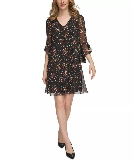 NEW! Calvin Klein Women's 6 V-Neck 3/4 Ruffle Sleeve Floral Chiffon Dress NWT$99