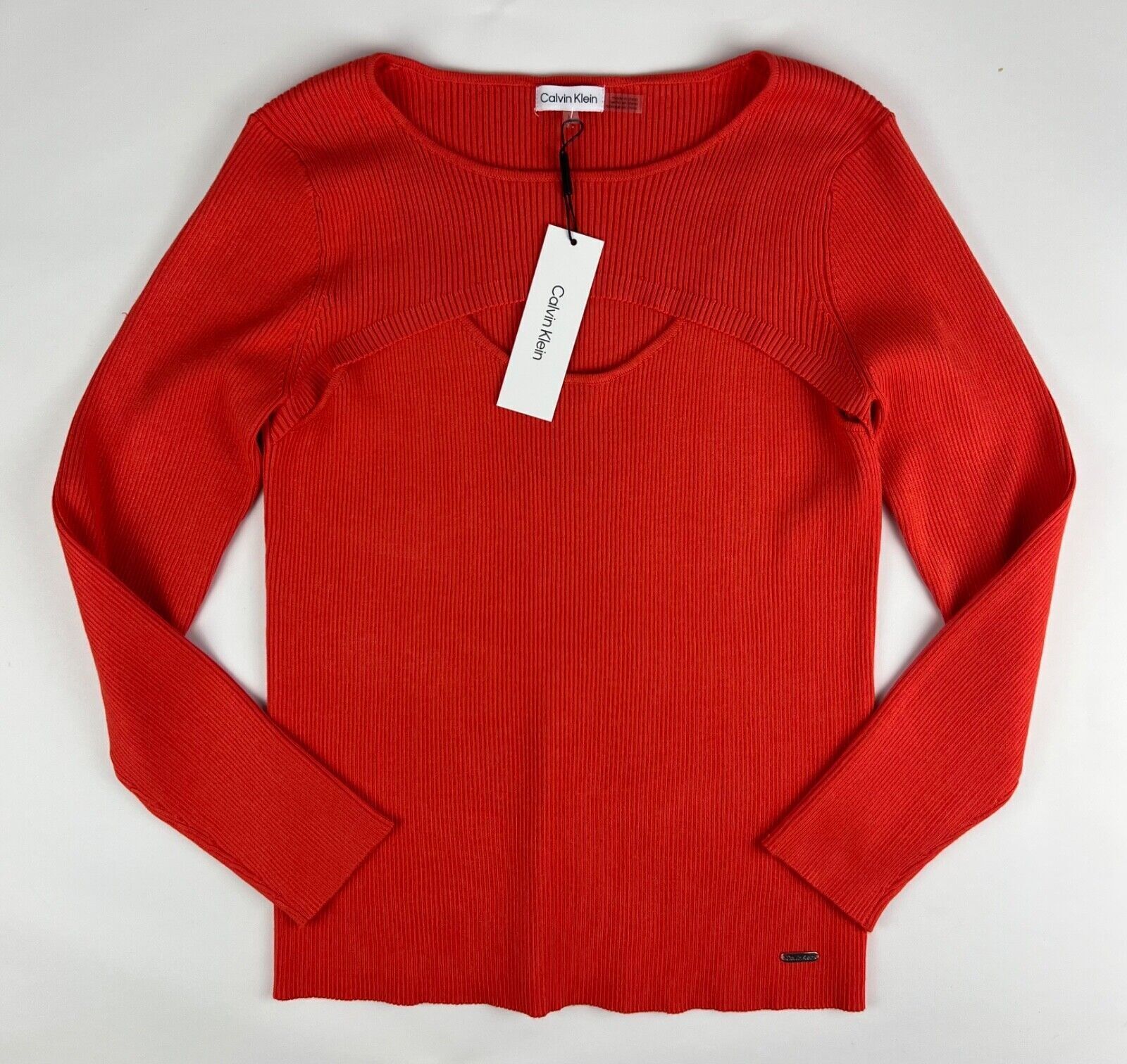 NEW! Calvin Klein Women's Size L Rib-Knit Slashed Round Neck Top NWT $79.50