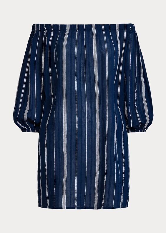 NEW! Lauren Ralph Lauren Women's L Striped Off-the-Shoulder Dress Cover NWT $114