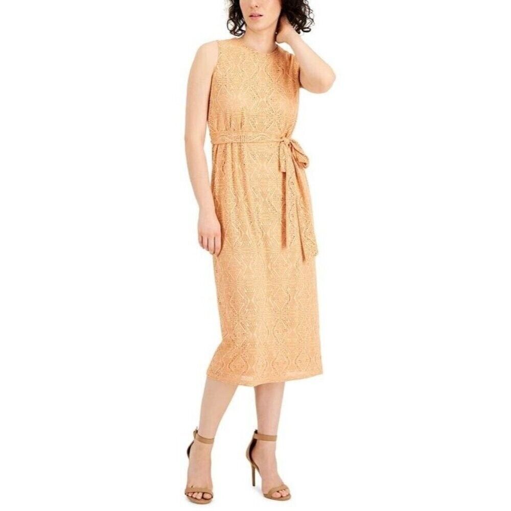 NEW! Anne Klein Women's 12 Crochet Belted Midi Dress In Warm Sand NWT $119