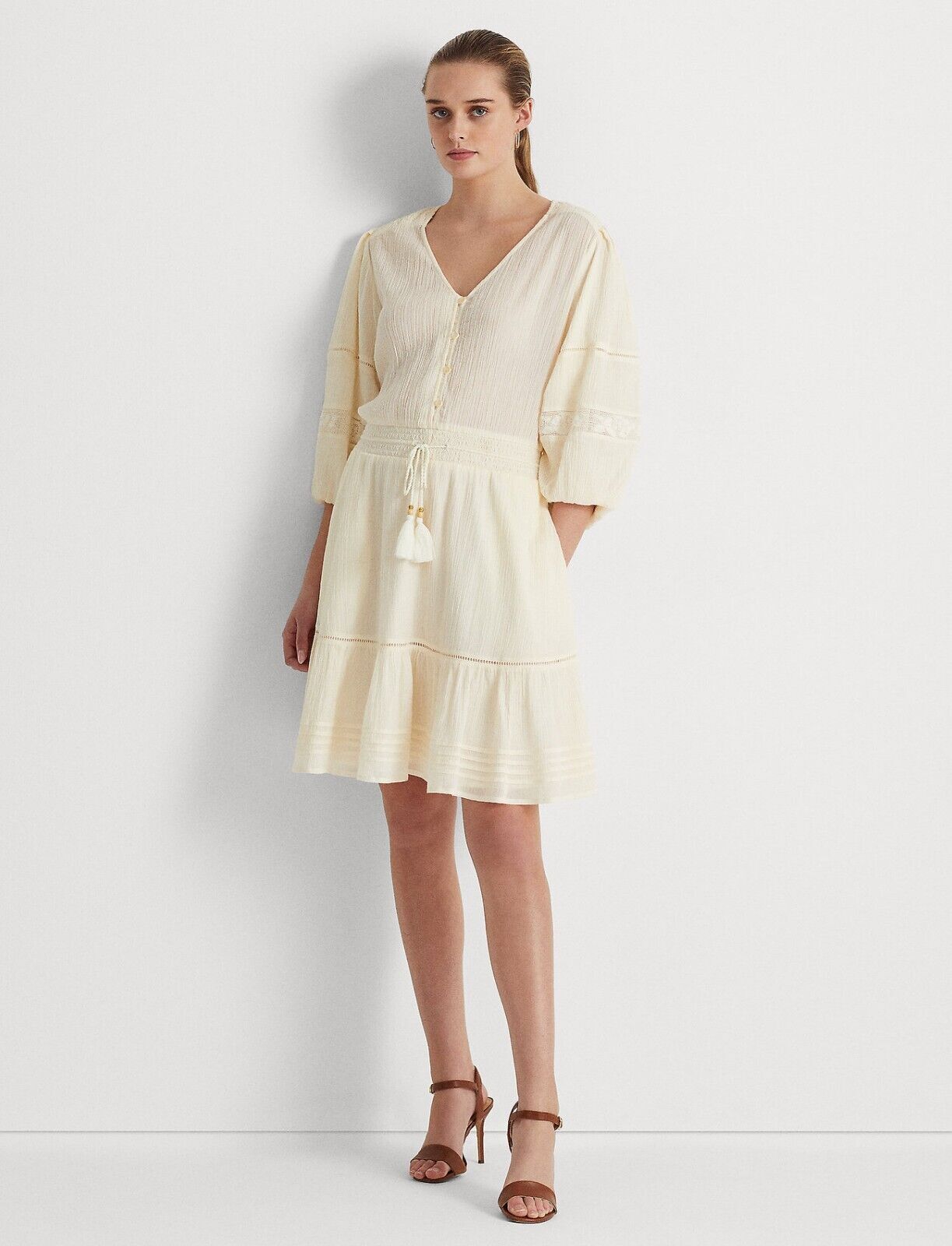 NEW! Lauren Ralph Lauren Women's 12 Crinkle Cotton Blouson-Sleeve Dress NWT $185