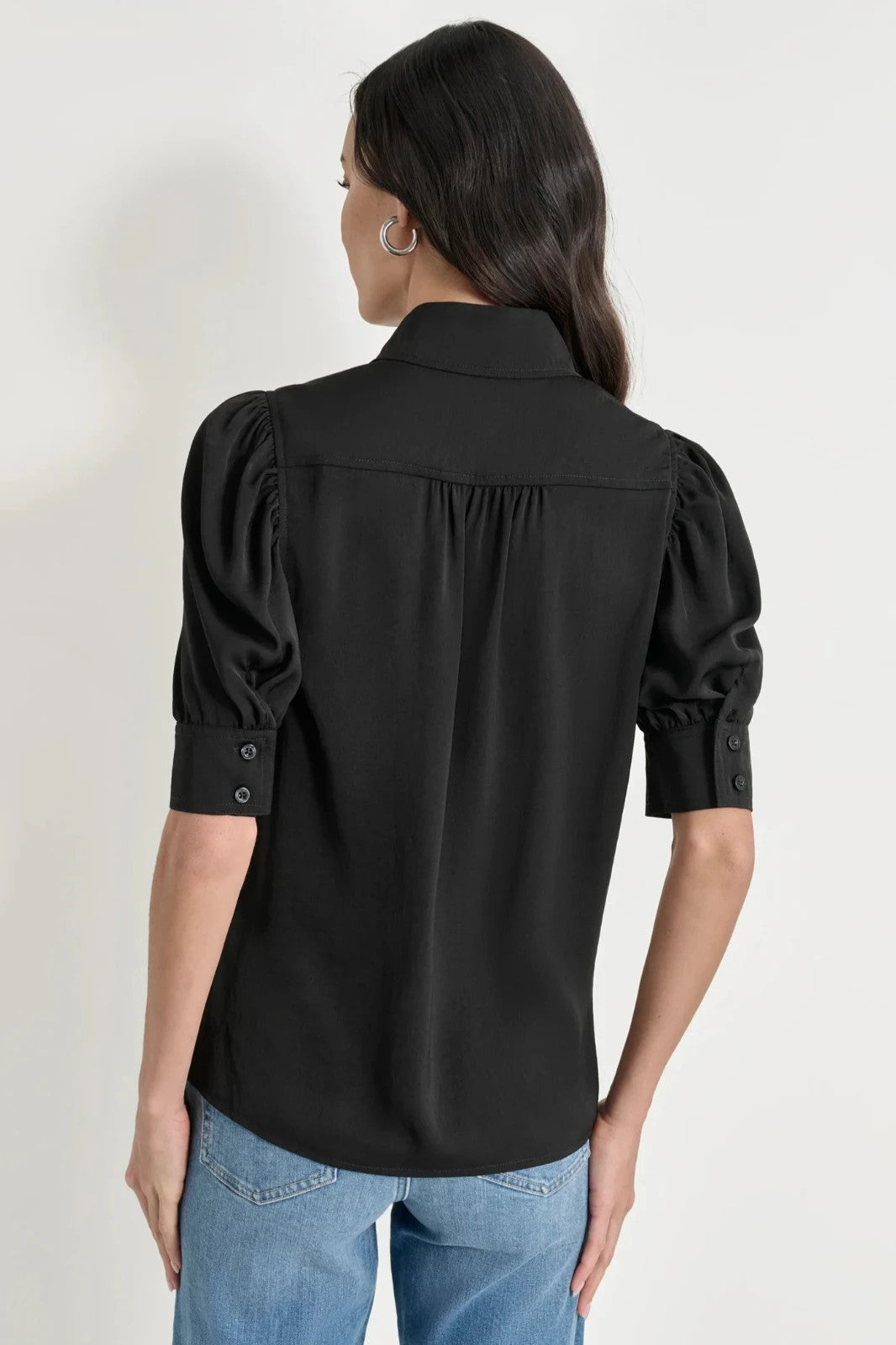 NEW DKNY Women's L Puff Sleeve Stand Collar Shirt • Reg Price $69