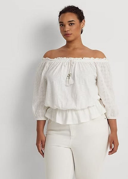 NEW Lauren Ralph Lauren Women's 2X Off-the-Shoulder Eyelet Jersey Top NWT $125