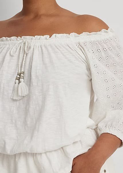 NEW Lauren Ralph Lauren Women's 2X Off-the-Shoulder Eyelet Jersey Top NWT $125