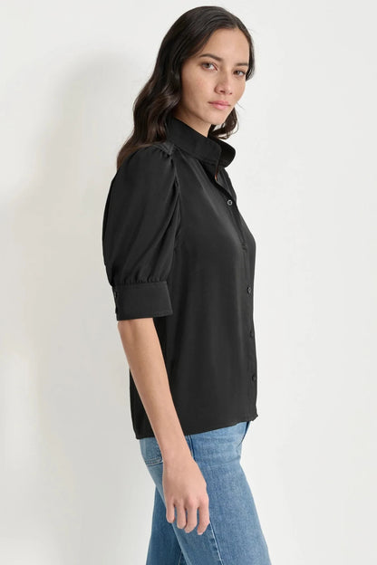 NEW DKNY Women's L Puff Sleeve Stand Collar Shirt • Reg Price $69