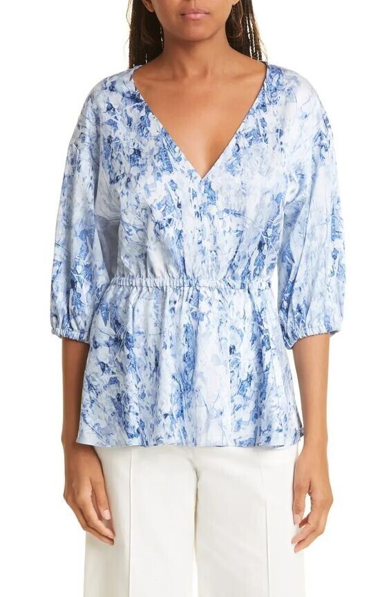 NEW! Donna Karan Women's L Print V-Neck Elastic Waist Blouse NWT $295