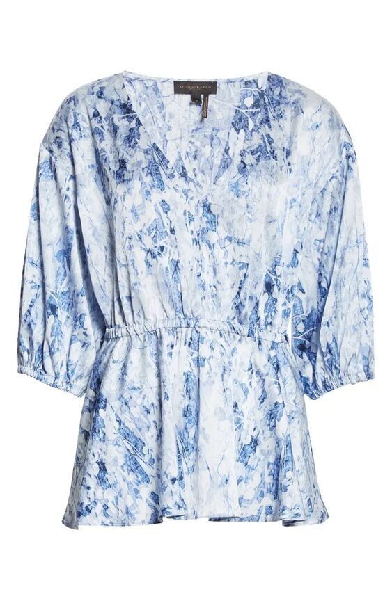 NEW! Donna Karan Women's L Print V-Neck Elastic Waist Blouse NWT $295