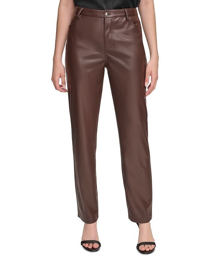 Calvin Klein Women's 14 Faux-Leather Straight Leg Pant NWT $89.50