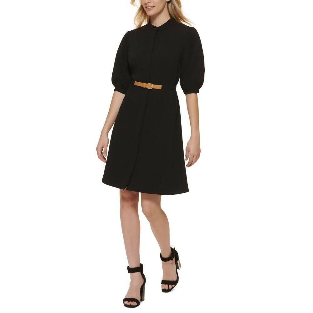 NEW! Calvin Klein Women's 12 Puff-Sleeve Belted A-Line Dress In Black NWT $134