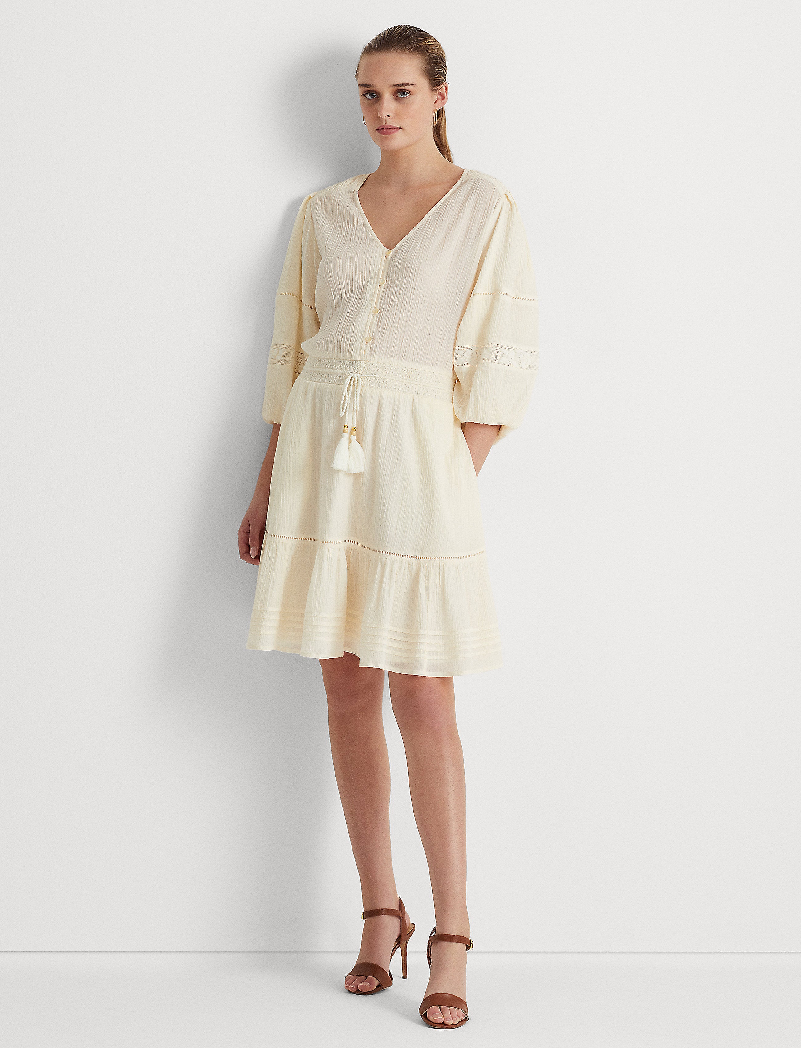 NEW! Lauren Ralph Lauren Women's Crinkle Cotton Blouson-Sleeve Dress