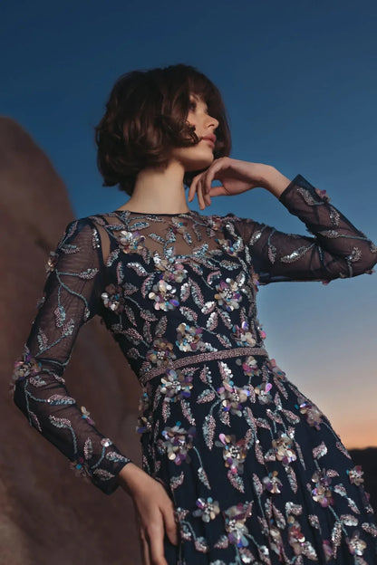 NEW Mac Duggal Women's Navy Floral Embellished Evening Gown • Reg Price $698