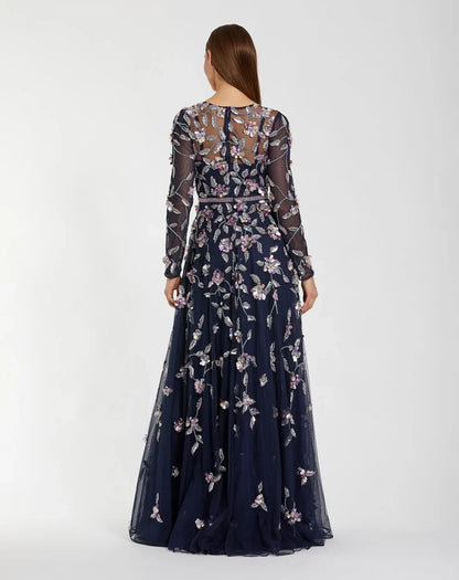 NEW Mac Duggal Women's Navy Floral Embellished Evening Gown • Reg Price $698