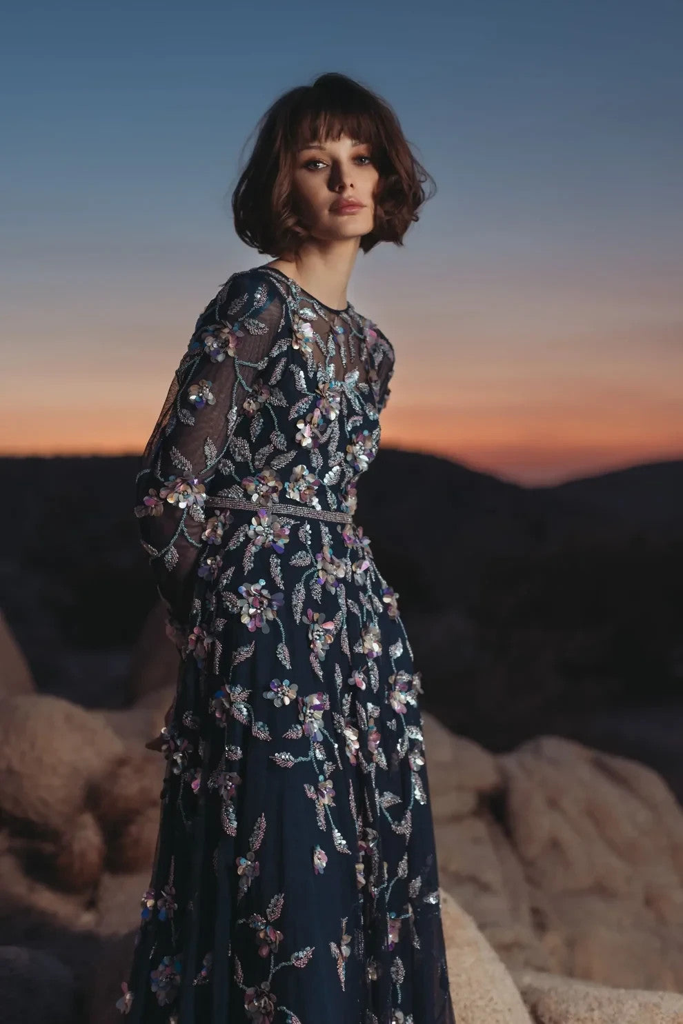 NEW Mac Duggal Women's Navy Floral Embellished Evening Gown • Reg Price $698