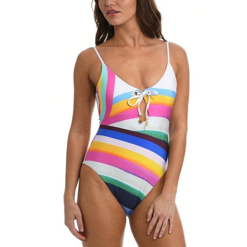 Sunshine 79 Women's V-Plunge Striped One-Piece Swimsuit