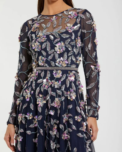 NEW Mac Duggal Women's Navy Floral Embellished Evening Gown • Reg Price $698