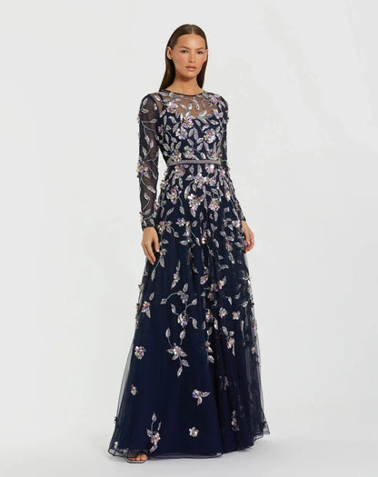 NEW Mac Duggal Women's Navy Floral Embellished Evening Gown • Reg Price $698