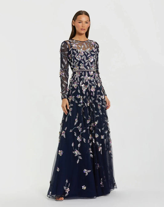 NEW Mac Duggal Women's Navy Floral Embellished Evening Gown • Reg Price $698