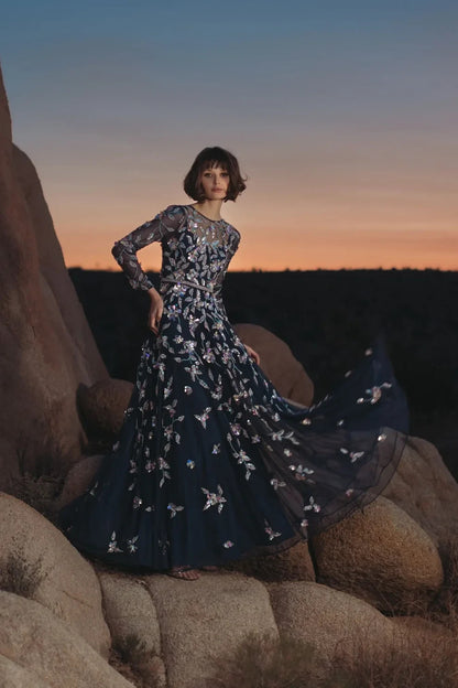NEW Mac Duggal Women's Navy Floral Embellished Evening Gown • Reg Price $698