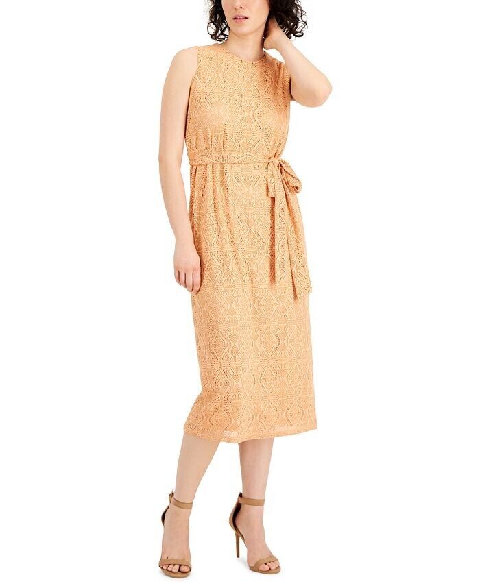 NEW! Anne Klein Women's 12 Crochet Belted Midi Dress In Warm Sand NWT $119