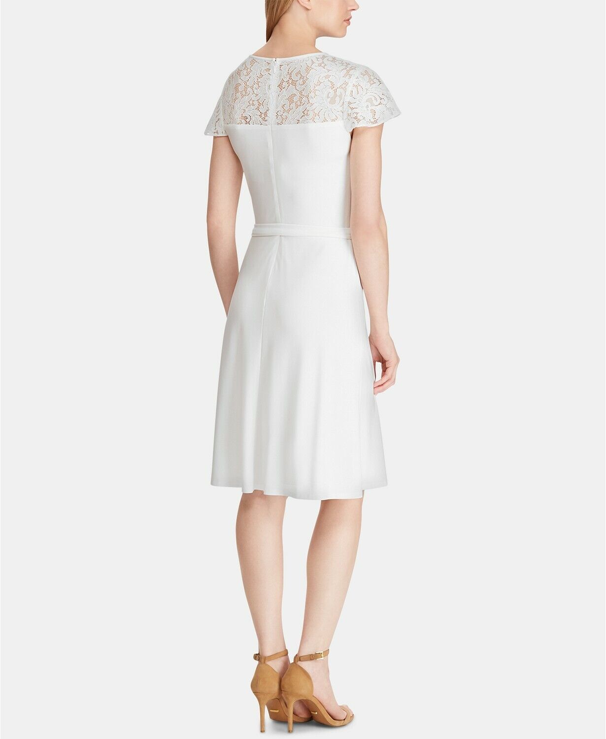 NEW! Lauren Ralph Lauren Women' Size 8P Belted Lace-Trim Dress In White NWT $165