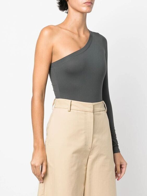 NEW! Polo Ralph Lauren Women's L Jersey One-Shoulder Bodysuit In Grey NWT $198