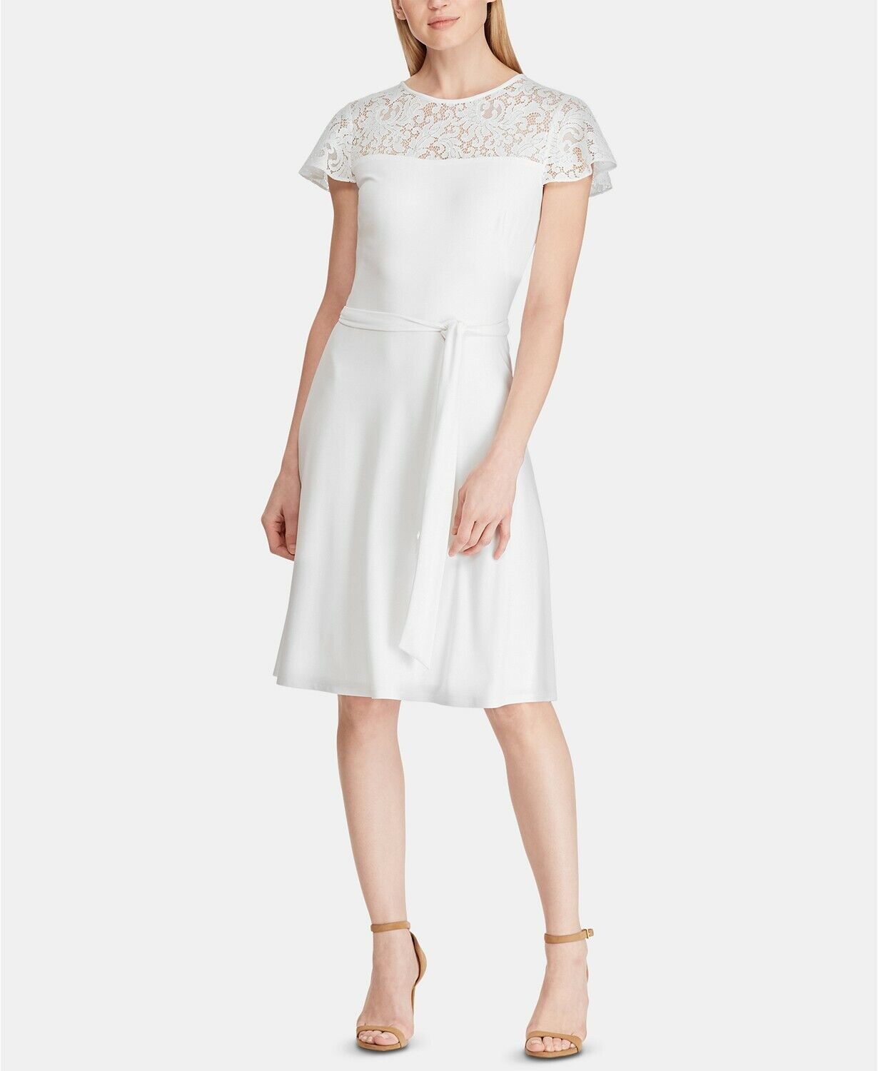 NEW! Lauren Ralph Lauren Women' Size 8P Belted Lace-Trim Dress In White NWT $165