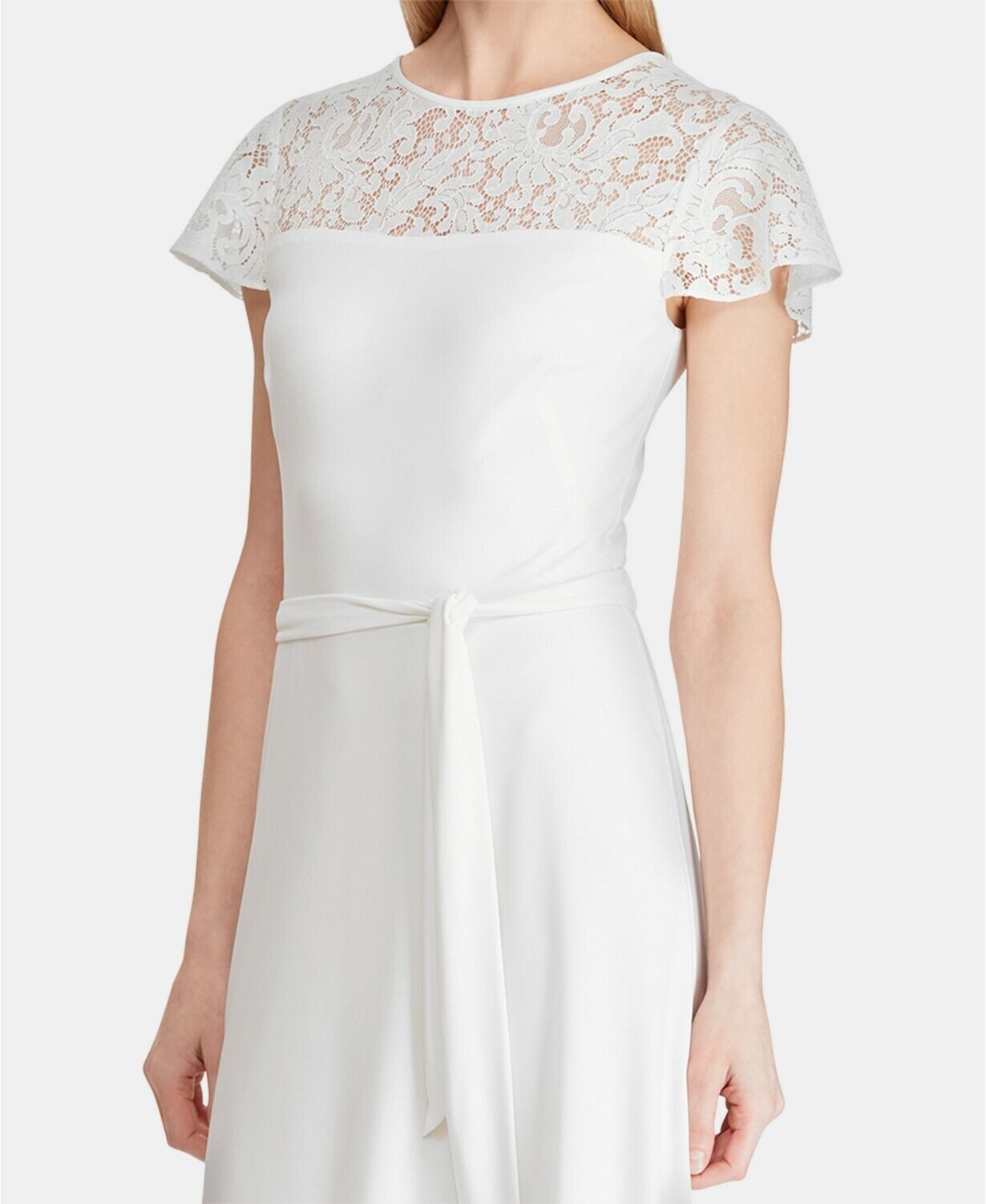 NEW! Lauren Ralph Lauren Women' Size 8P Belted Lace-Trim Dress In White NWT $165