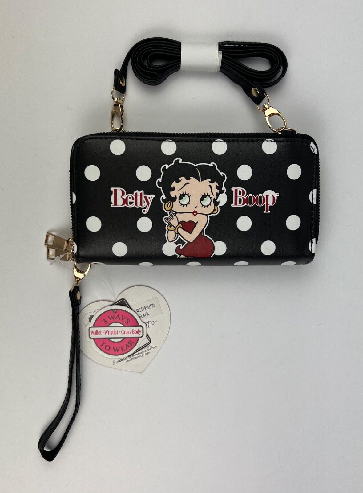 NEW! Betty Boop Womens Lany Vegan Crossbody Wristlet Wallet Bag