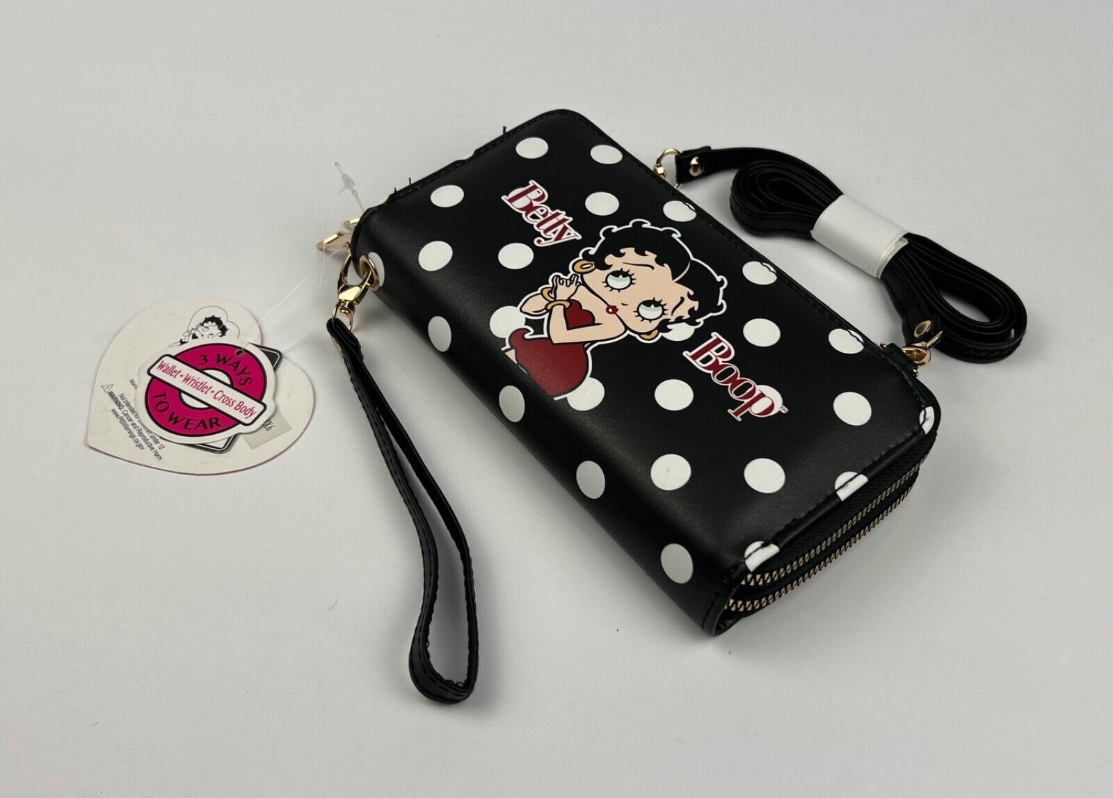 NEW! Betty Boop Womens Lany Vegan Crossbody Wristlet Wallet Bag