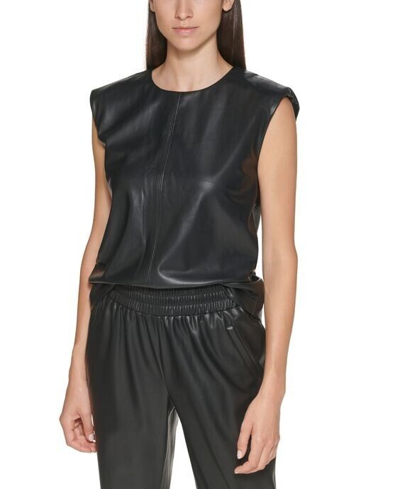 NEW! Calvin Klein Women's Size M Sleeveless Faux Leather Top In Black NWT $79.50