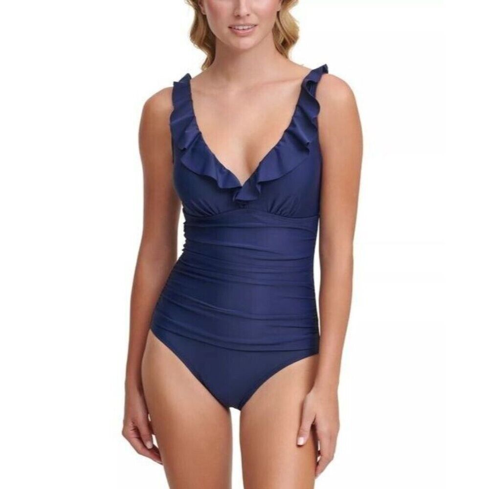 NEW! DKNY Women's 14 Ruffle Plunge Tummy Control One-Piece Swimsuit NWT $98