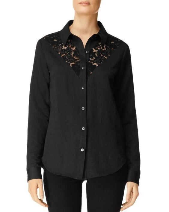 NEW! J Brand Women's M Lula Button-Front Lace Inset Shirt In Black NWT $228