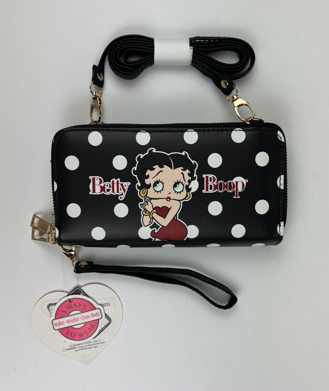 NEW! Betty Boop Womens Lany Vegan Crossbody Wristlet Wallet Bag